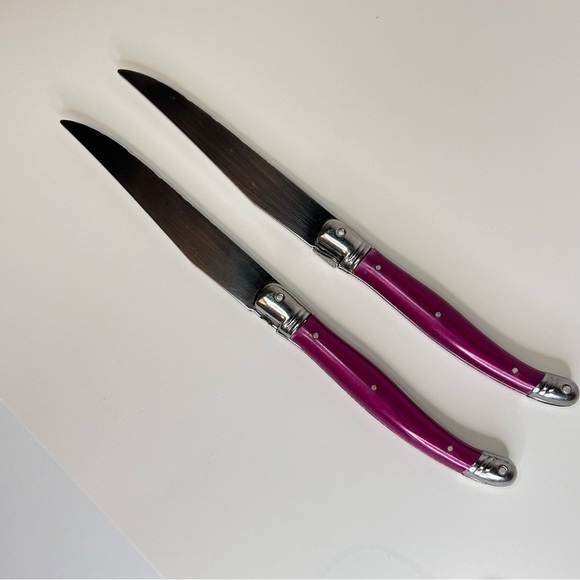 Set 2 Vtg Laguiole Steak Knives Bee Emblem  Inox France Pink Handle Read - Picture 6 of 12
